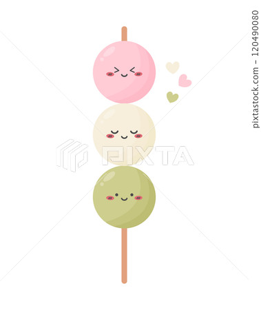 Kawaii mochi dango on a stick. Hanami dango sweet rice cake dessert. Japanese sweet wagashi food 120490080