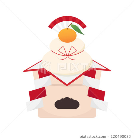 Kagami mochi rice cake dessert decorated. Traditional Japanese New year food and lucky charm. Vector illustration 120490083