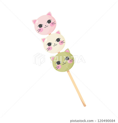 Mochi dango sweet dessert. Traditional Japanese sweet wagashi food. Cute kawaii cat dango. Vector illustration 120490084