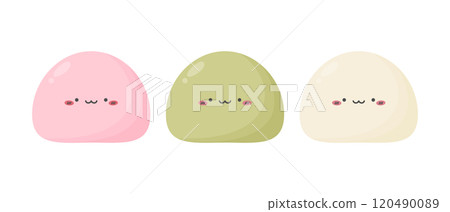Cute kawaii mochi rice cakes set. Japanese sweet rice cake cartoon dessert. Cute mochi in pink, white and green colors 120490089