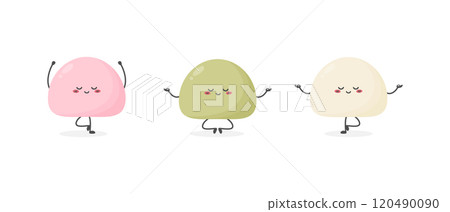 Three cute cartoon mochi characters doing yoga. Japanese sweet rice cake dessert. Vector illustration 120490090