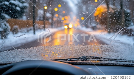 The windscreen of a car covered in frost and ice on a winter morning, close up 120490192