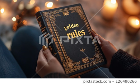 premium book in hands with text "golden rules". the book has a luxurious design with golden accents 120490266