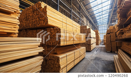 Stacks of processe timber planks in a warehouse, representing wood manufacturing and timber industry 120490268