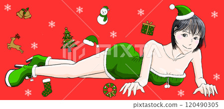 穿著性感聖誕老人服裝躺在地板上的女孩 112 120490305