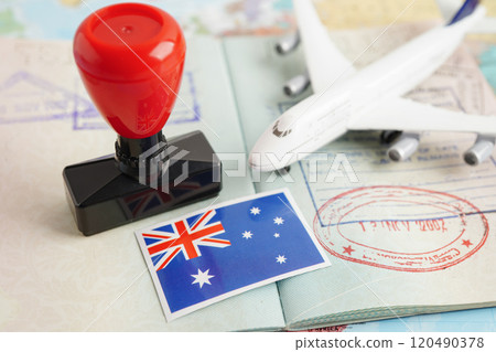 Australia flag and passport with airplane for travel. Australia flag and passport with airplane for travel. 120490378