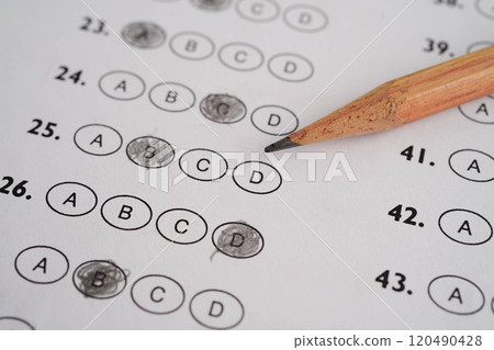 Answer sheets with pencil drawing fill to select choice, education concept. Answer sheets with pencil drawing fill to select choice, education concept. 120490428