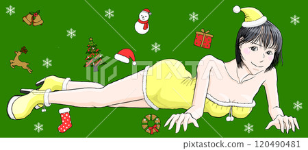 穿著性感聖誕老人服裝躺在地板上的女孩 113 120490481