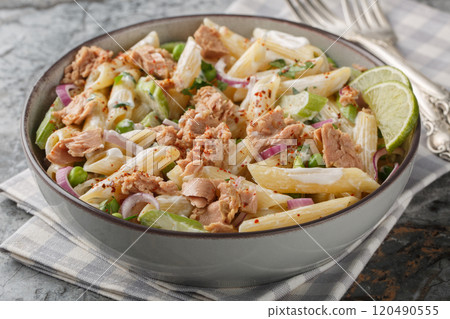 Pasta salad with tuna fish and vegetables with creamy yogurt dressing closeup on the plate. Horizontal 120490555
