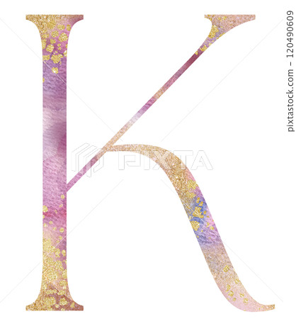 Light pink watercolor letter K with golden splashes, romantic wedding isolated monogram initials Light pink watercolor letter K with golden splashes, romantic wedding isolated monogram initials 120490609