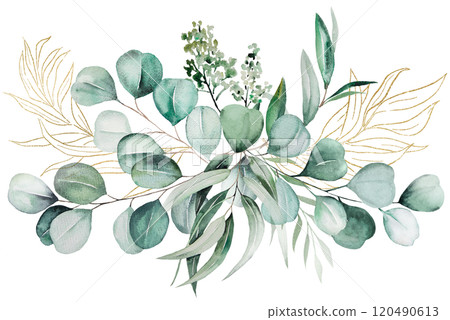 Bouquet with green and golden watercolor eucalyptus leaves, wedding isolated illustration 120490613