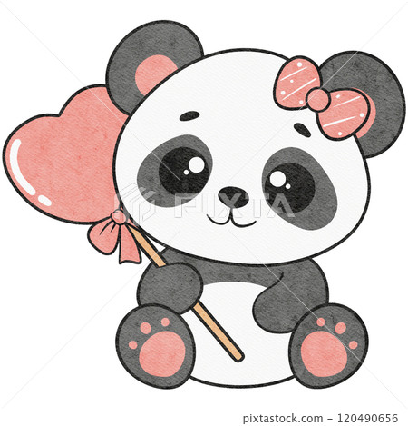 cute baby panda holding a heart lollipop in cartoon style, perfect for valentine designs and illustrations. cute baby panda holding a heart lollipop in cartoon style, perfect for valentine designs and illustrations. 120490656