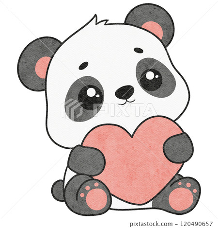 valentine baby panda hugging a heart illustration perfect for romantic or love-themed designs, featuring an adorable cartoon style. 120490657