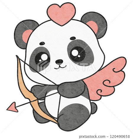 cute baby panda cupid with bow and arrow, perfect for valentine illustrations, greeting cards, and themed artwork. 120490658