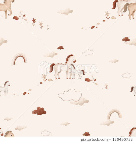 Seamless pattern with cartoon animals and rainbow for children's design. Hand drawn wallpapers of illustration of cute horses mother and baby on isolated background. Flowers and stones and clouds. Seamless pattern with cartoon animals and rainbow for children's design. Hand drawn wallpapers of illustration of cute horses mother and baby on isolated background. Flowers and stones and clouds. 120490732