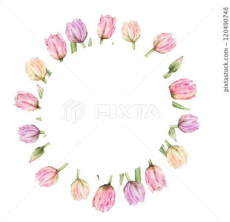 Round frame with pastel multi-colored bud flowers Tulips. Delicate, airy, hand drawn watercolor illustration. For the spring design of postcards, posters, invitations, souvenirs, weddings, parties. 120490748
