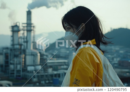 Female Worker in Protective Gear Contemplating Industrial Landscape with Emissions in Background, Symbolizing Environmental Concerns and Future Sustainability Issues 120490795