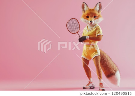 A Playful Cartoon Fox Character in Tennis Attire Capturing the Fun and Spirit of Sport on a Vibrant Pink Background A Playful Cartoon Fox Character in Tennis Attire Capturing the Fun and Spirit of Sport on a Vibrant Pink Background 120490815