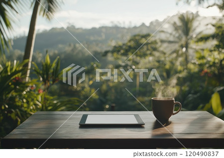Morning Coffee with Tablet on Patio Table 120490837