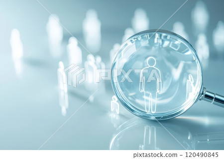 Magnifying Glass Focusing on a Silhouette of a Person Amidst Blurred Human Figures Representing Individuality, Clarity, and Insight in a Digital World Magnifying Glass Focusing on a Silhouette of a Person Amidst Blurred Human Figures Representing Individuality, Clarity, and Insight in a Digital World 120490845