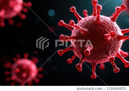 Close-Up View of a Virus Particle with Spikes in a Dark Background Depicting the Structure and Detailed Features of Pathogenic Microorganisms Close-Up View of a Virus Particle with Spikes in a Dark Background Depicting the Structure and Detailed Features of Pathogenic Microorganisms 120490855