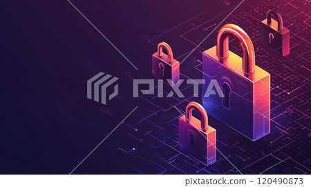 Retro Futuristic Digital Security Concept Featuring Multiple Lock Icons on a Vibrant Background for Cybersecurity and Data Protection Themes 120490873