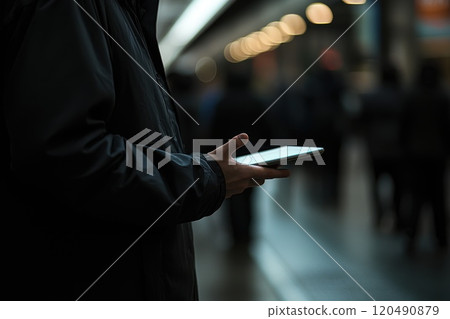Urban Scene with Person Holding Mobile Device Amidst Blurred Background in Modern City Environment, Soft Lighting and Bokeh Effect Highlighting Motion and Activity Urban Scene with Person Holding Mobile Device Amidst Blurred Background in Modern City Environment, Soft Lighting and Bokeh Effect Highlighting Motion and Activity 120490879