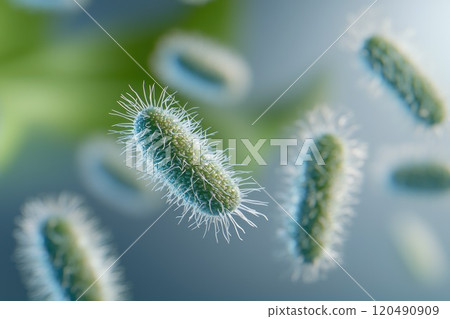 Close-Up View of Vibrant Bacteria with Hair-Like Protrusions on a Soft Blue Background, Illustrating Microbial Life and Its Intricacies in a Scientific Context Close-Up View of Vibrant Bacteria with Hair-Like Protrusions on a Soft Blue Background, Illustrating Microbial Life and Its Intricacies in a Scientific Context 120490909