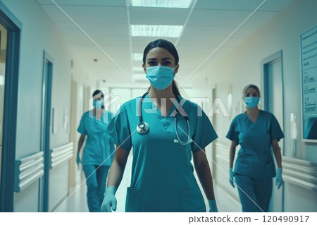 Nurses and Doctors in a Hospital Corridor 120490917