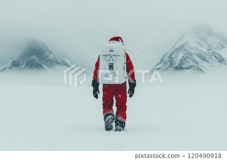 An astronaut in a red suit and white backpack is walking through a snowy landscape 120490918