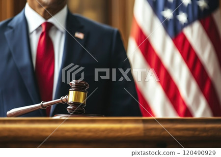 Close-up of a speaker delivering a political speech with an American flag backdrop Close-up of a speaker delivering a political speech with an American flag backdrop 120490929