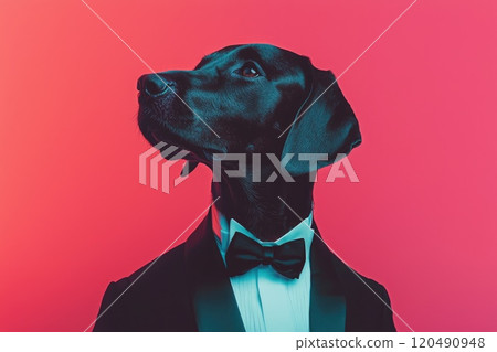 Stylish Dog in Formal Attire Against Vibrant Background Stylish Dog in Formal Attire Against Vibrant Background 120490948