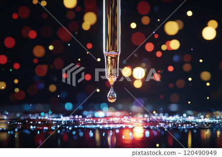 A droplet of liquid is falling from a tube, creating a beautiful A droplet of liquid is falling from a tube, creating a beautiful 120490949
