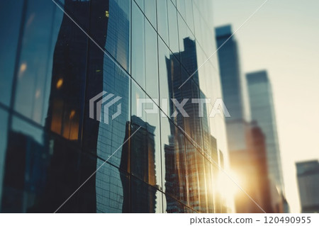 Blurred Reflection on Modern Glass Wall of Office Building 120490955