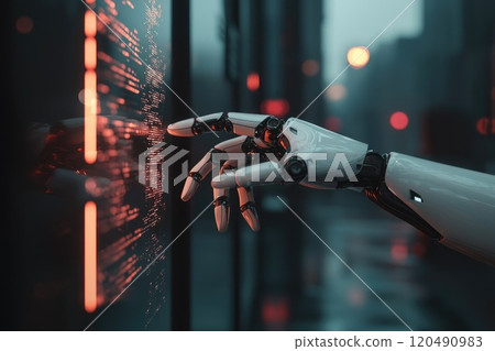 Robotic Hand Touching Holographic Digital Screen Robotic Hand Touching Holographic Digital Screen 120490983