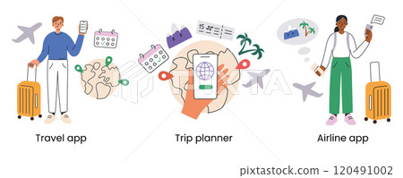 Travel vector illustration set. People with suitcases using traveling apps. Trip planning applications, travel apps, and airline bookings. Modern flat cartoon design with globes, calendars, tickets 120491002