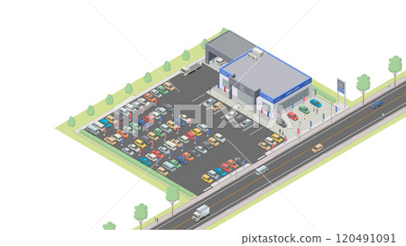 Isometric image of a used car dealership (plain) Isometric image of a used car dealership (plain) 120491091
