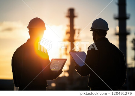 Engineers Collaborating at Industrial Site During Sunset 120491279