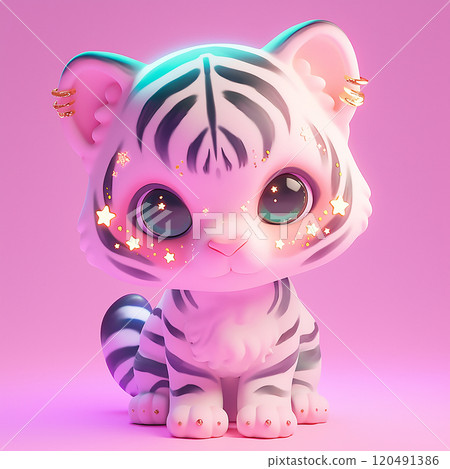 A cute white and black tiger with stars on its face. The tiger is sitting on a pink background 120491386