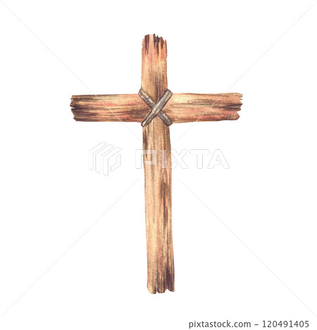 Wooden cross tied with a rope. Watercolor old rustic Christian cross. Hand painted illustration catholic or orthodox religious church symbol for the first community, baptism. Isolated from background  120491405