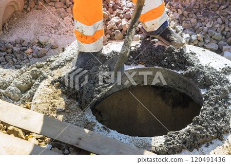 Constructed that top border of manhole for utility pit well will be secured by concrete 120491436