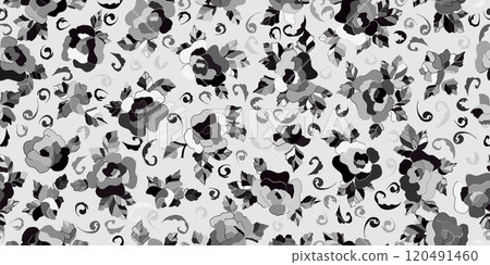 Seamless pattern with beautiful vintage rose and decorative leaf silhouette. Black and white wallpaper with flower. Vector illustration.  120491460