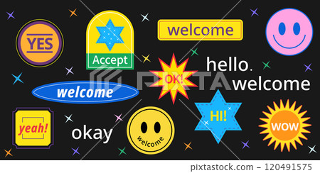 Trendy welcome sticker set collection. 120491575