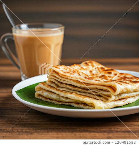 Steaming teh tarik or pulled tea served with roti canai for malaysian breakfast 120491588