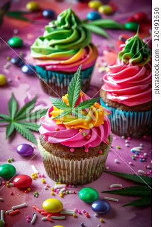 Colorful Cannabis-Infused Cupcakes with Decorative Frosting for Edible Treats 120491650
