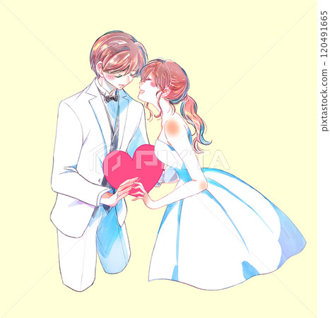 Bride and groom holding hearts Bride and groom holding hearts 120491665