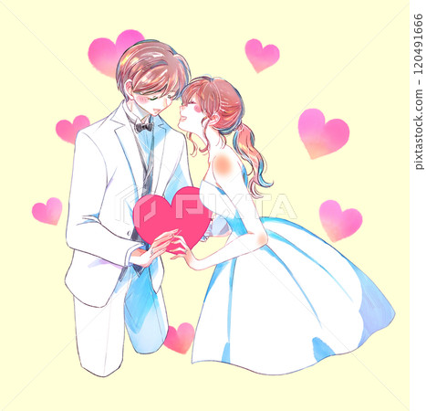 Bride and groom holding hearts 120491666