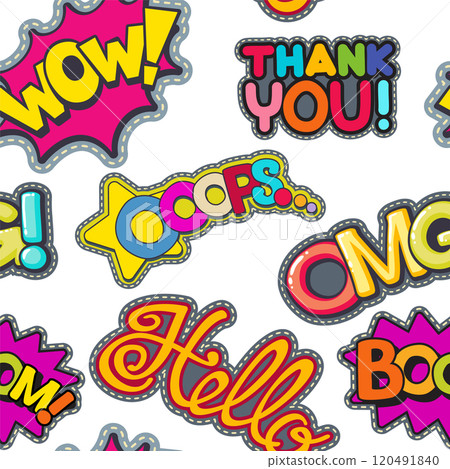 Patches seamless pattern. Colorful hippie fabric labels Patches seamless pattern. Colorful hippie fabric labels 120491840
