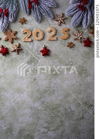 Festive New Year cookies in shape of 2025 Festive New Year cookies in shape of 2025 120491973