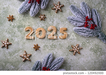 Festive New Year cookies in shape of 2025 120492000